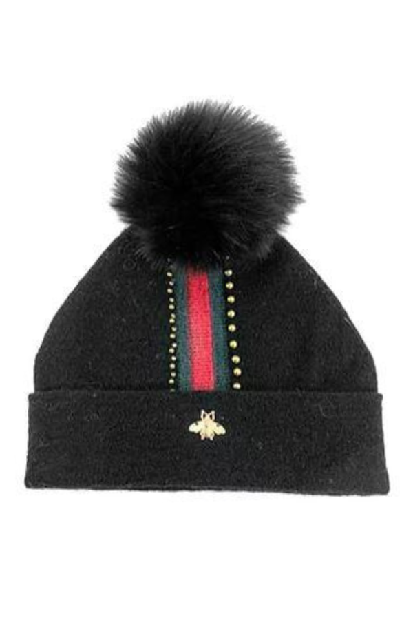 Striped Pom Hat With Bee - Multiple Colours Available