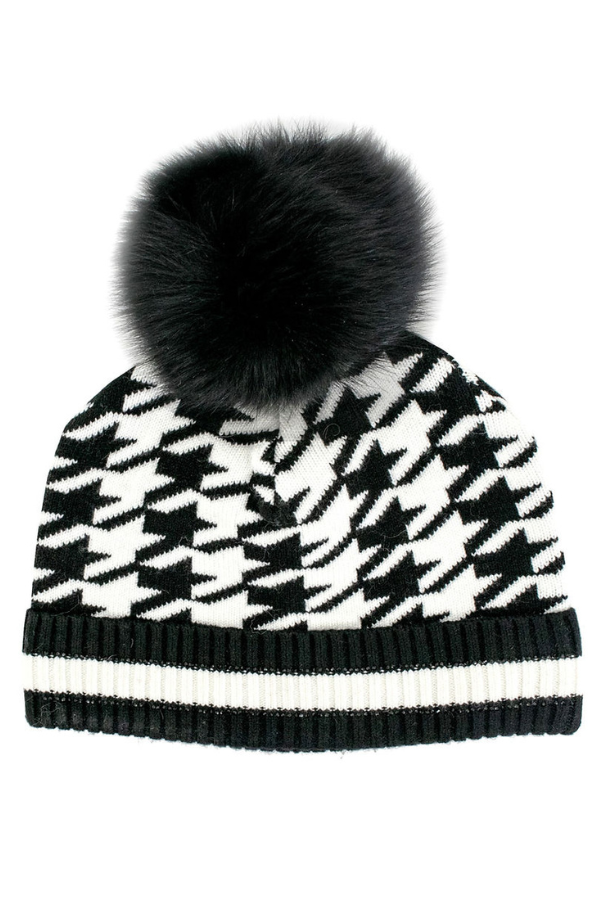 Houndstooth Knit Pom Hat - Available In Multiple Colours