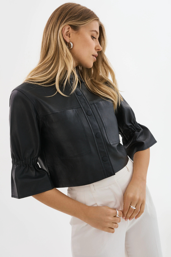 Leather Ruffle Sleeve Jacket