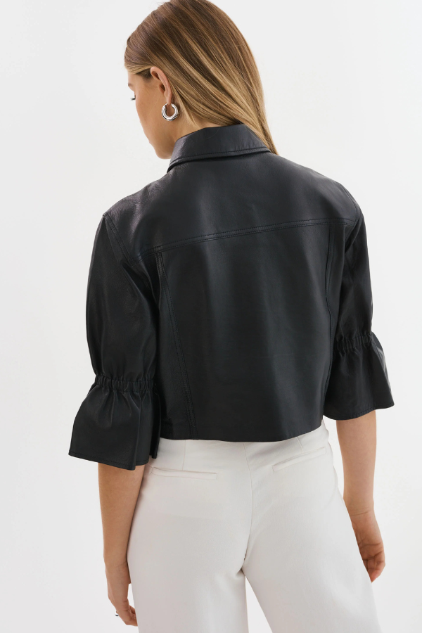 Leather Ruffle Sleeve Jacket