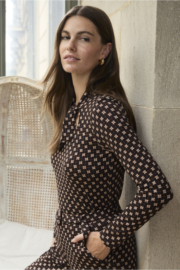 Surkana Stretch Print Tie Neck Shirt