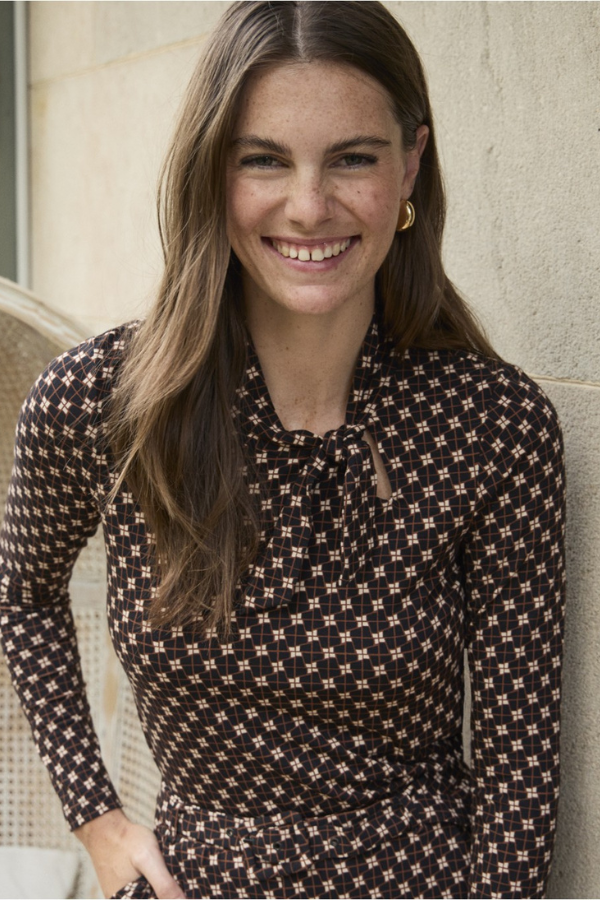 Surkana Stretch Print Tie Neck Shirt