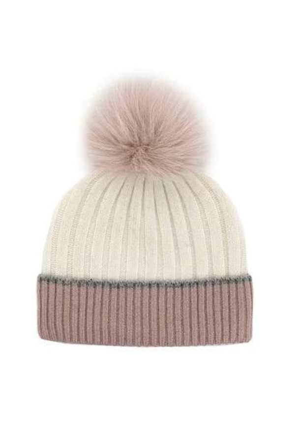 Two Tone Ribbed Knit Pom Hat - Multiple Colours Available