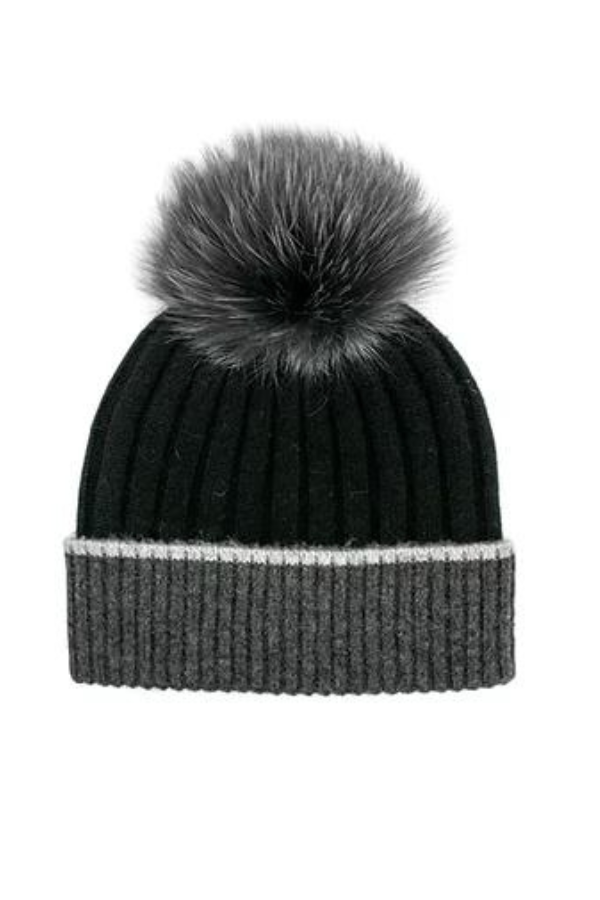 Two Tone Ribbed Knit Pom Hat - Multiple Colours Available