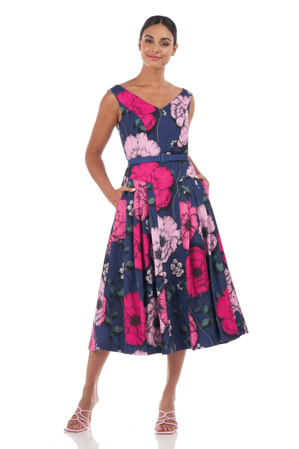 Kay Unger Cory Midi Length Floral Dress