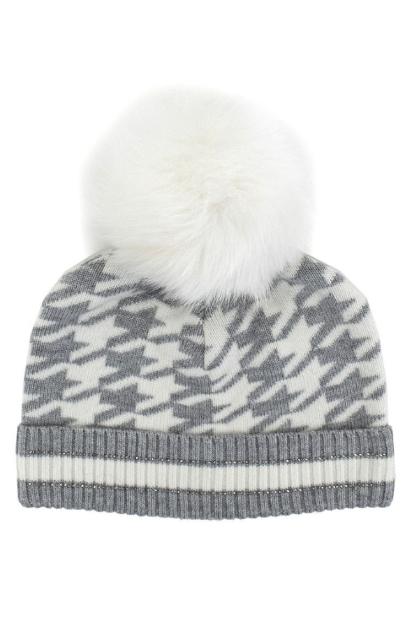 Houndstooth Knit Pom Hat - Available In Multiple Colours