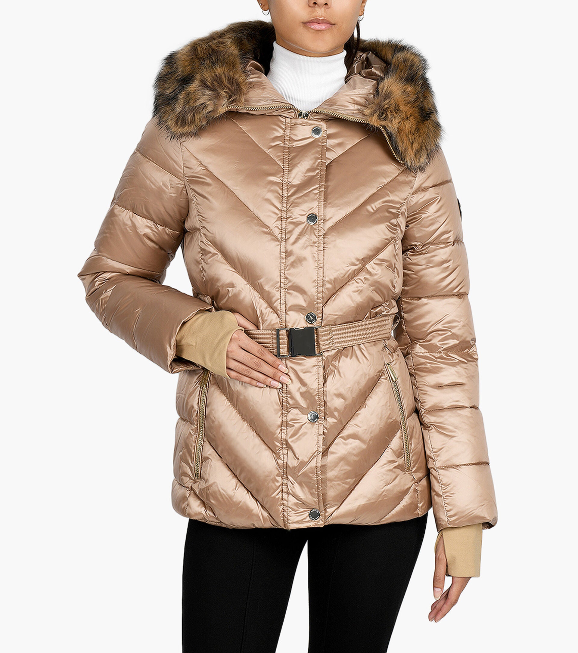 Michael Kors Gold Belted Puffer With Faux Fur Collar