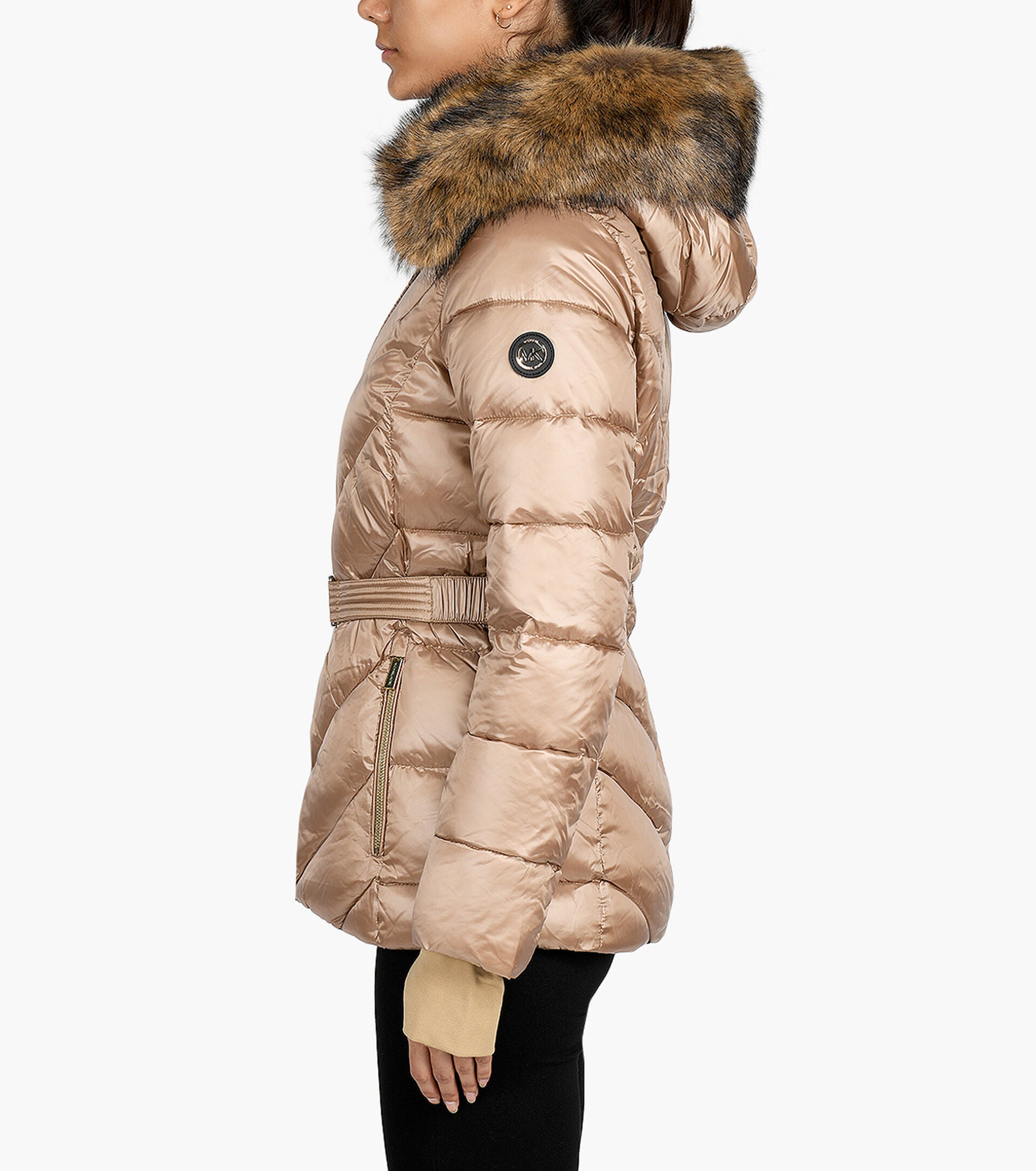 Michael Kors Gold Belted Puffer With Faux Fur Collar