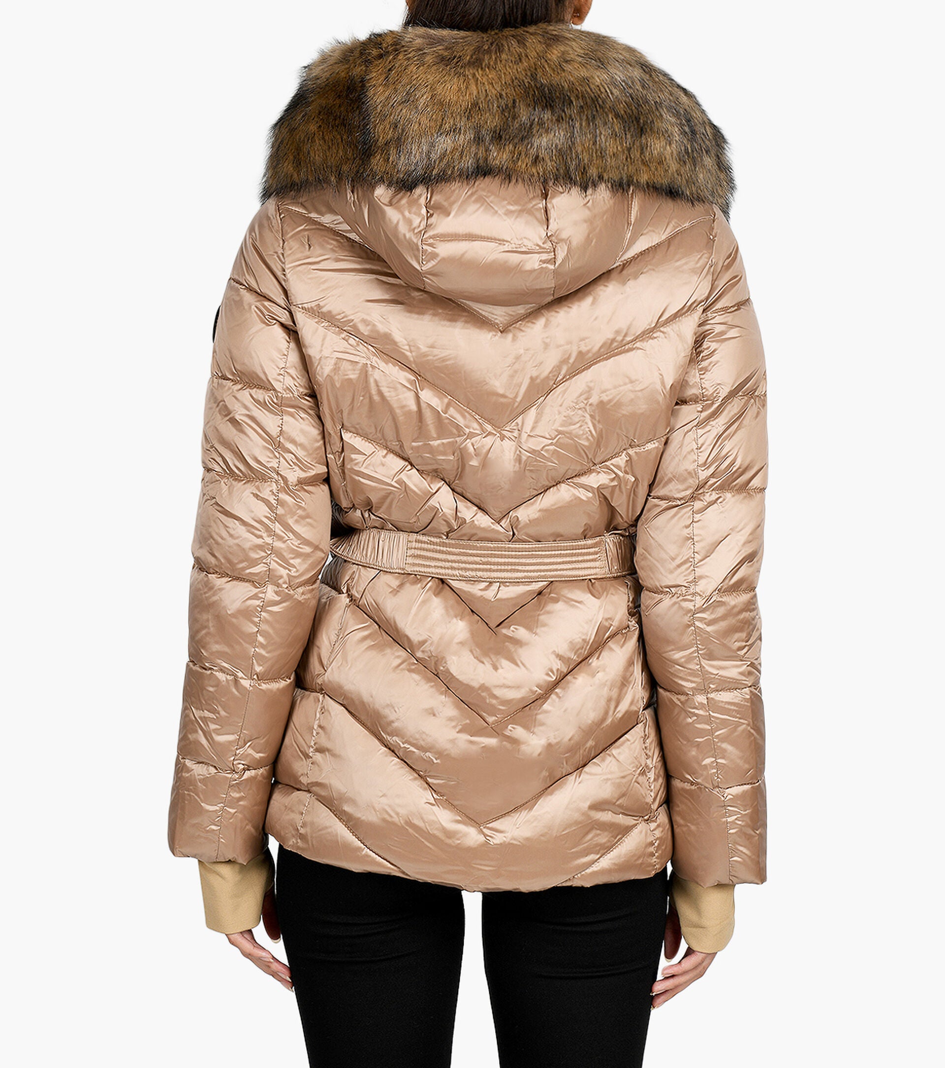 Michael Kors Gold Belted Puffer With Faux Fur Collar